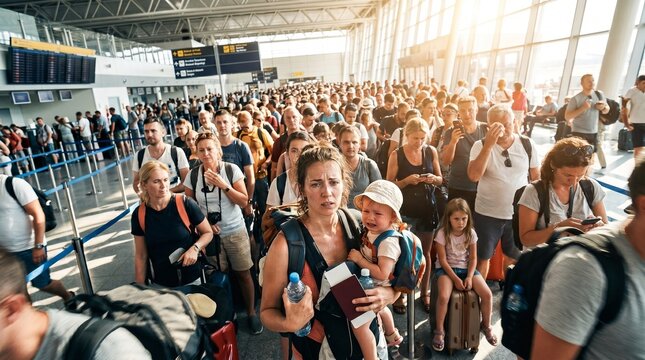 Crowded airport terminal with people queuing