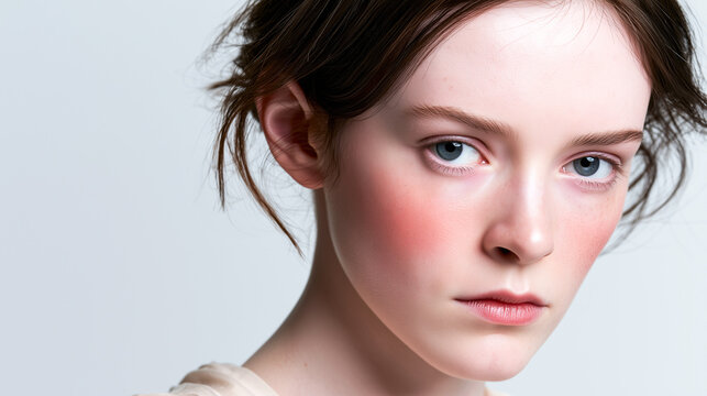 Young woman with flushed sensitive cheeks and intense gaze against white background. Sensitive skin, facial redness, irritation, skincare awareness and dermatology beauty concept.