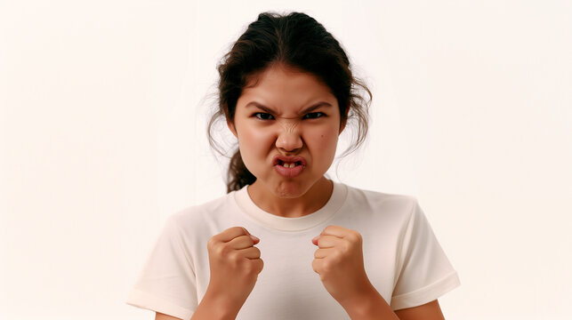 Angry teenage girl with clenched fists and furious expression against white background. Anger, aggression, emotional outburst, stress, frustration and youth mental health awareness concept.
