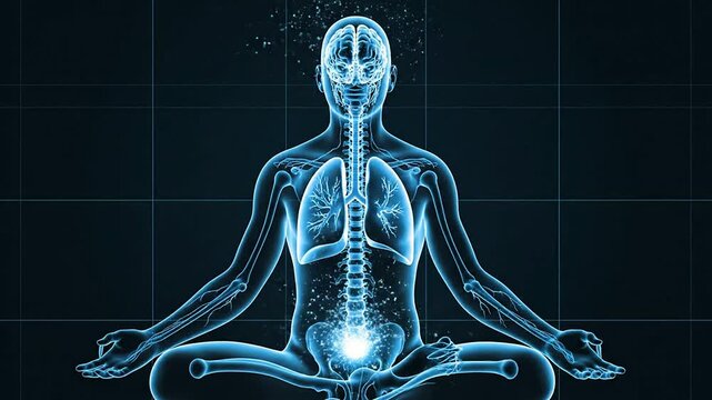 Digital Illustration Of Meditative Figure Showcasing Transparent Anatomy In A Dark Background With Glowing Lines Emphasizing Health And Wellness Concepts