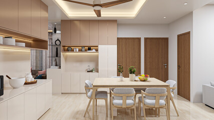 Luxury dining room interior design with modern wooden dining table set, custom crockery cabinets, and elegant tray ceiling lighting. Scandinavian style dining space architectural 3D visualization. © Nayem_1314