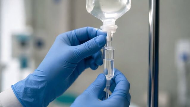 Close up of nurse preparing intravenous drip in hospital.