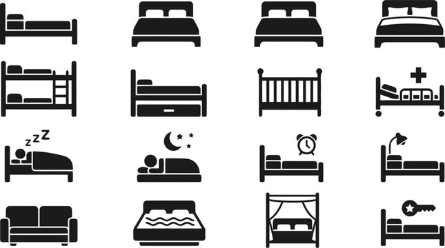 Black and white bed icons set