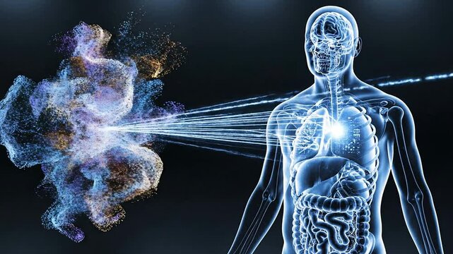 Digital Visualization of Human Body Emanating Energy and Vitality in a Futuristic Medical Science Concept on Abstract Dark Background