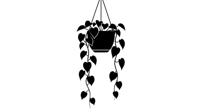 Silhouette of a hanging plant with heart-shaped leaves.