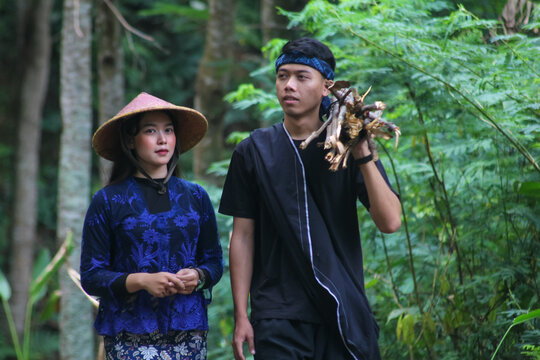 Indonesian Sundanese couple in traditional clothes, woman wearing blue kebaya and hat, man in black pangsi carrying firewood in the lush forest.