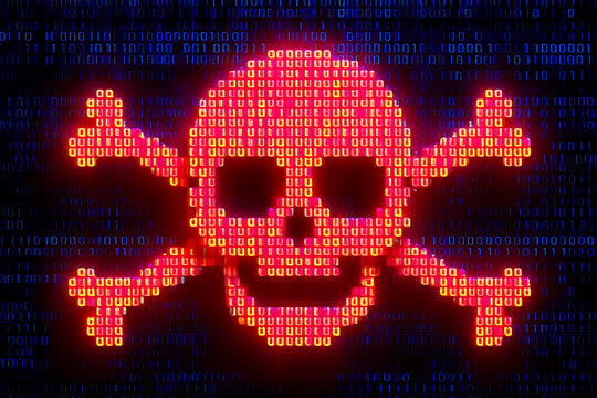 Red digital skull and crossbones formed from binary code image