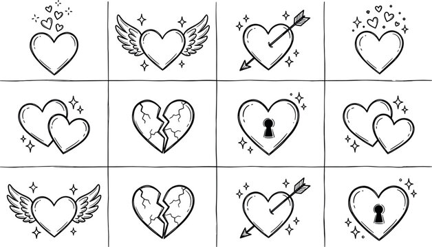 Hand Drawn Heart Icon Set Featuring Love Symbols Wings Arrows Broken Hearts Locks Doodle Style Vector Collection