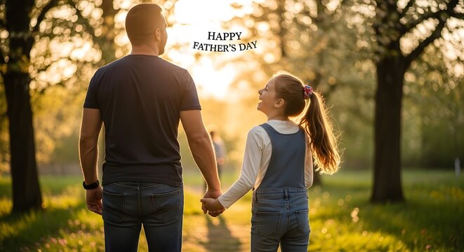 Happy fathers day father and daughter holding hands in park