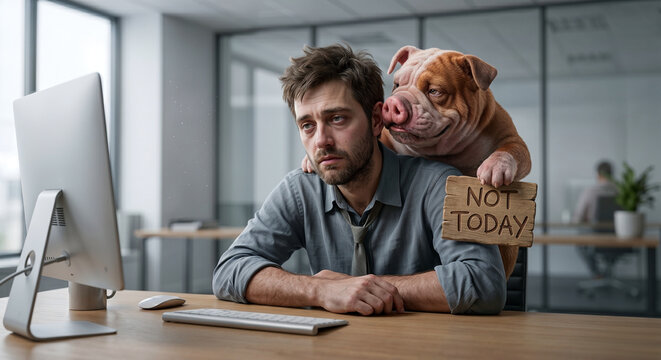 Office worker in a tired procrastinating mood listening to a pig-dog creature holding a &ldquo;NOT TODAY&rdquo; sign against a minimalist office backdrop