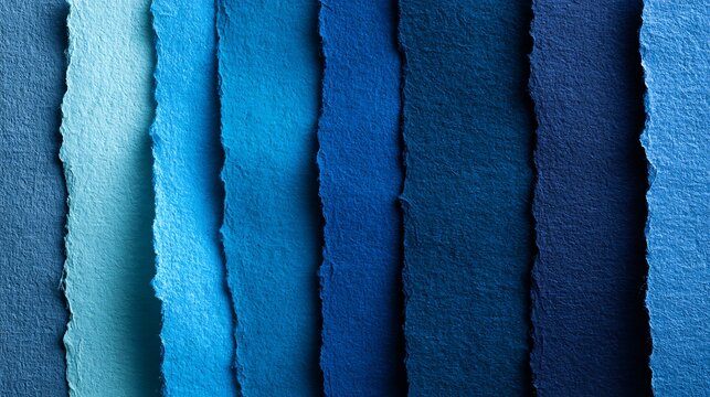 Torn paper layers with textured gradient shades of blue displaying rich fibrous details and organic deckle edges arranged in a modern abstract minimalist composition