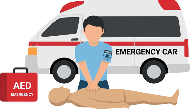CPR Emergency Response Illustration Showing First Aid Procedure with AED, Paramedic Assistance and Ambulance for Life Saving Medical Care