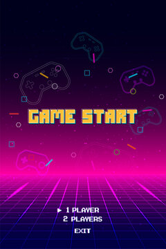 GAME START. Retro Futurism Sci-Fi Background. glowing neon grid and star from vintage arcade computer games. Vertical Backgrounds