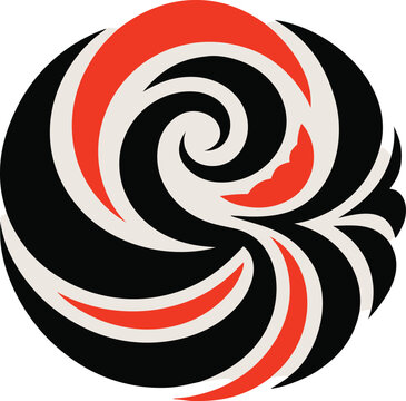 Maori style koru circle vector, tribal swirl pattern in red black and white, traditional polynesian ethnic motif, circular indigenous tattoo art design