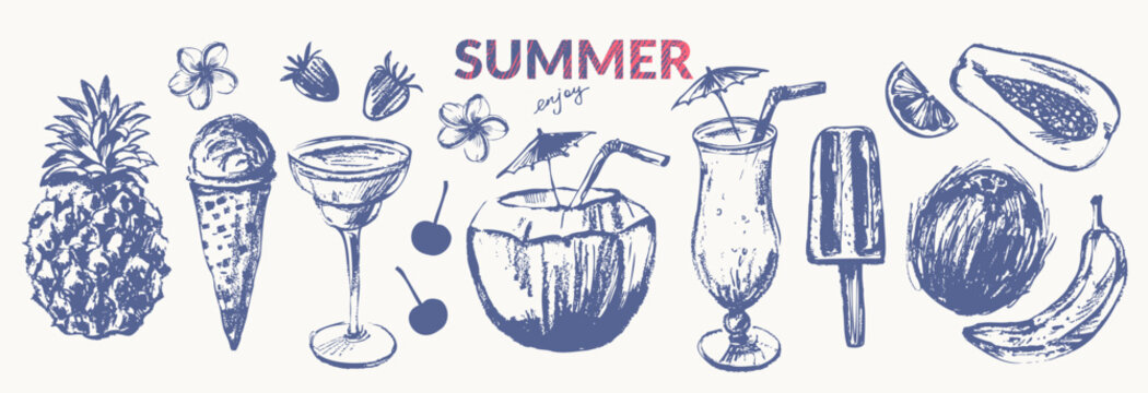 Hand drawn ink summer set. Tropical fruit, cocktails, ice cream, popsicle, berries. For motivational poster and card background