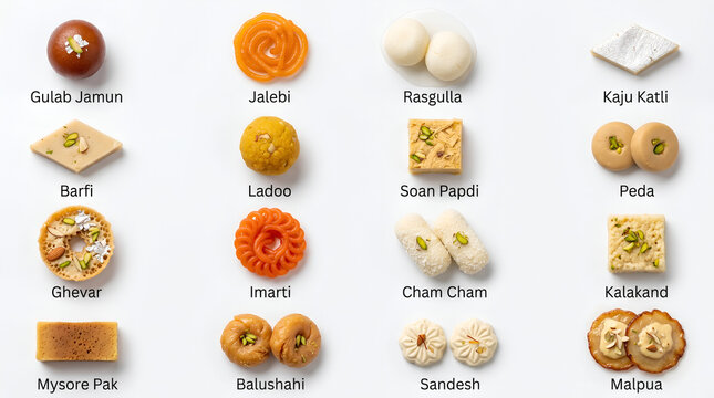 Overhead flat lay chart of 16 varieties of traditional Indian sweets mithei with names on a clean white background.