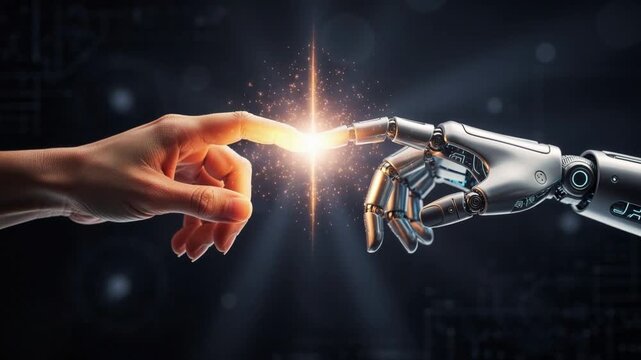 Human hand and robot finger touching with glowing light futuristic technology concept