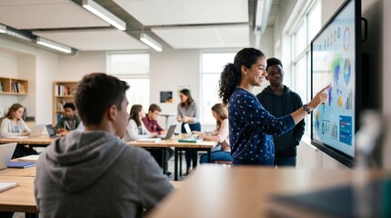 Fototapeta premium Students interact with a large touch screen displaying data in a modern classroom.