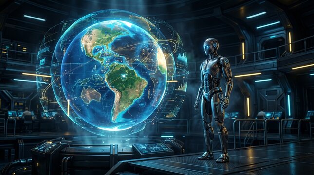 A futuristic humanoid robot stands inside a dark control room, looking at a massive glowing holographic globe of Earth