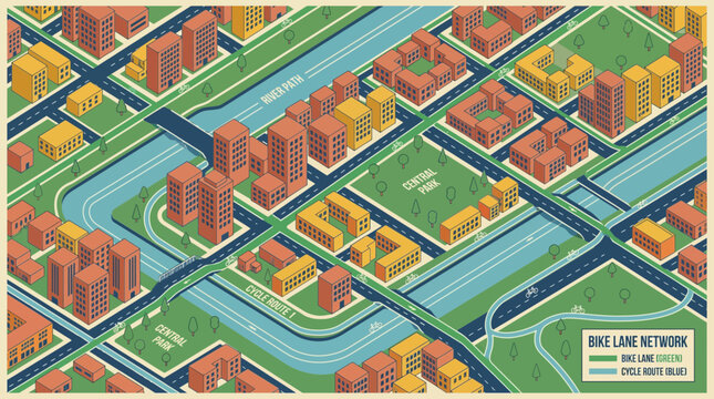 Isometric City Map with Bicycle Lanes and Cycling Routes