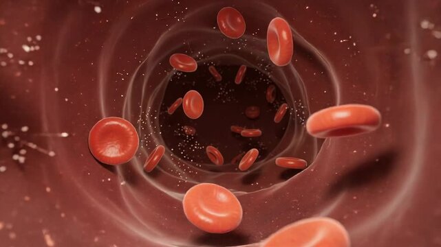 Close up view inside a blood vessel showing flowing red blood cells in the human circulatory system