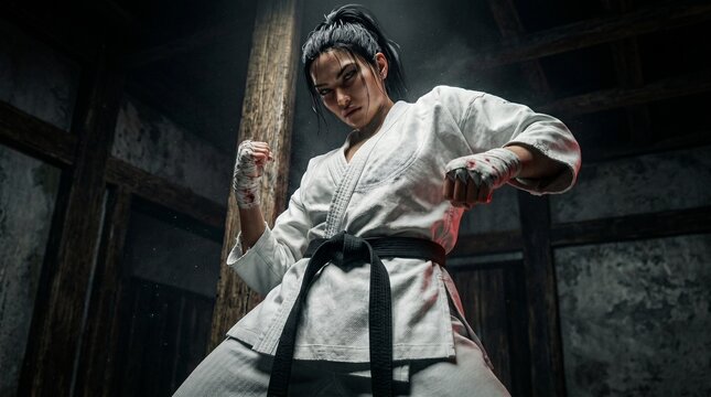 Martial artist in a white gi with a black belt and bloody hand wraps, mid-action