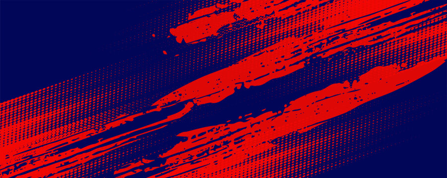 Red halftone dots blue color pattern gradient grunge texture background. Dot pop art comic sport style vector football, basketball, baseball, tennis, rugby, bicycling background grunge