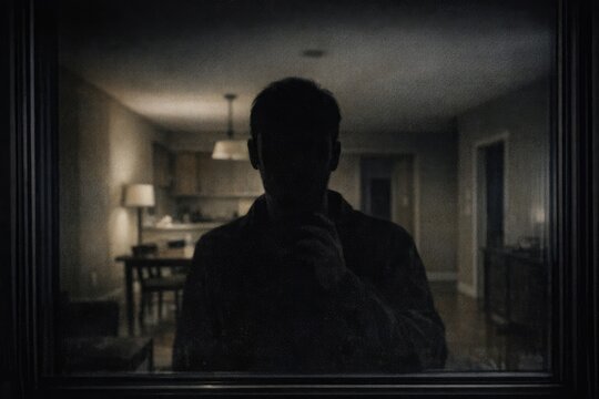 A person looking at themselves in a dimly lit space, possibly for self-reflection or introspection