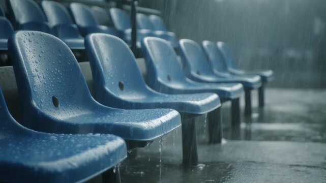 Rows of blue stadium seats with raindrops on a wet day rain , rows of seats, empty seats in a stadium, rows of seats in a stadium