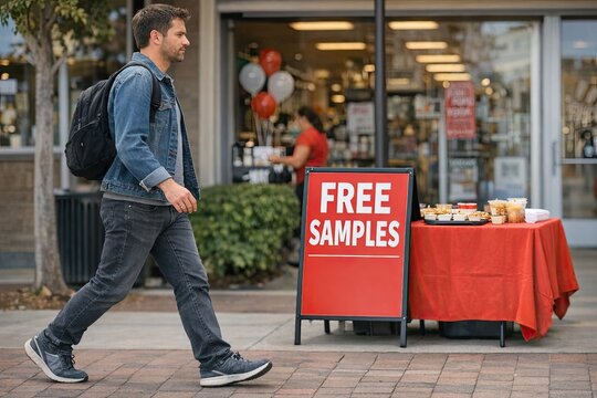 A person walks by a stand with free samples on display, possibly at an event or in a store