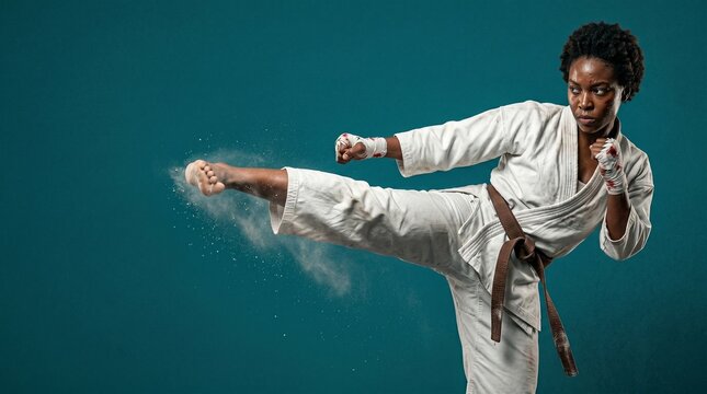 Black woman in a karate gi performing a kick with dust flying