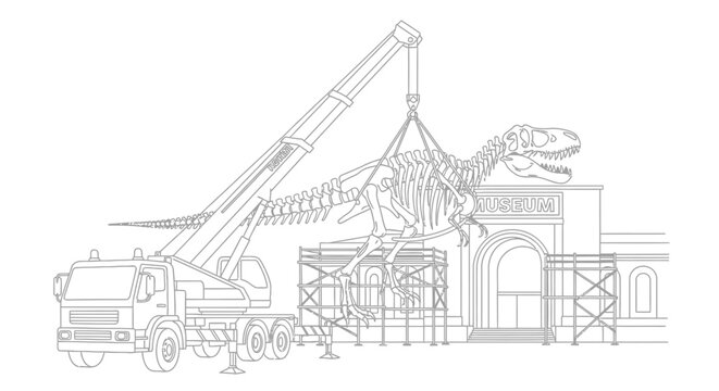 Large crane truck carefully installs a massive dinosaur skeleton exhibit into a museum, showcasing the intricate process of setting up prehistoric displays.