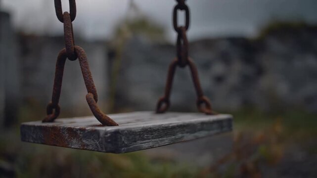 Rusty old swing seat with heavy chains