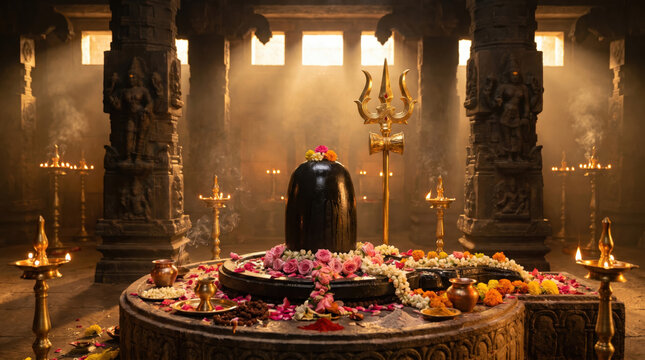 Mahashivratri temple scene with Shiva Lingam altar, glowing diyas, floral offerings and peaceful Hindu spiritual worship atmosphere inside ancient temple