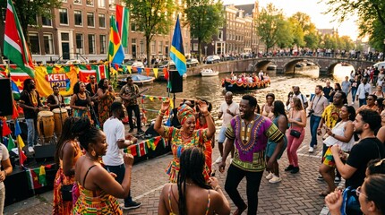 Obraz premium People in vibrant traditional attire dancing and celebrating Keti Koti by a canal in Amsterdam with flags and live music