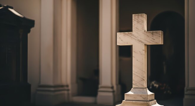A solemn marble christian cross monument stands in a dimly lit cemetery with weathered textures and a blurred architectural backdrop creating a sense of remembrance and contemplation