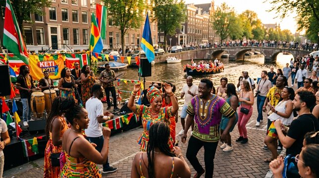 People in vibrant traditional attire dancing and celebrating Keti Koti by a canal in Amsterdam with flags and live music