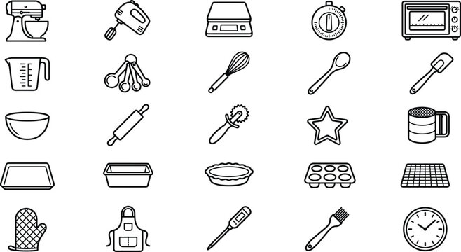 Baking and kitchen appliance line icon set featuring cookware, utensils, pastry tools, and culinary preparation symbols