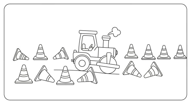 Cartoon steamroller with traffic cones for road construction and safety, clean line art illustration