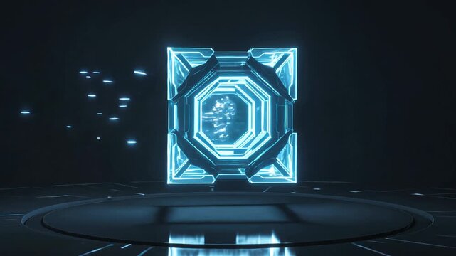 A glowing blue futuristic geometric cube with intricate patterns floats above a circular platform in a dark digital environment.