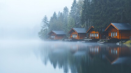 Fototapeta premium Misty lakefront cabins