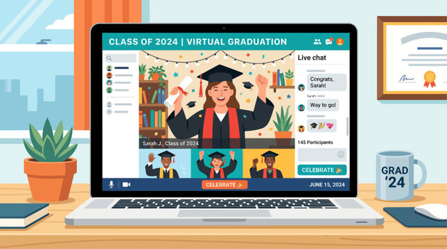 Online graduation ceremony on laptop screen in home office