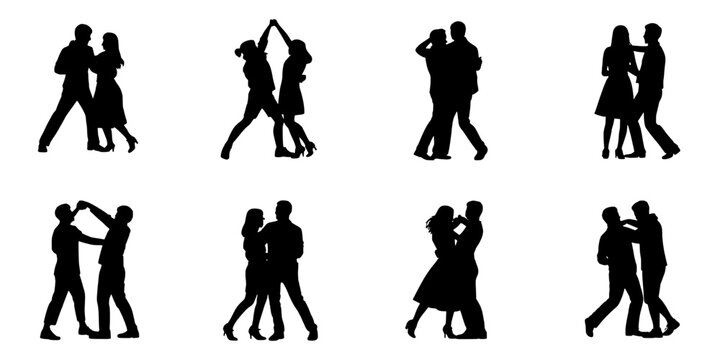 Dancers Silhouette Set with Various Poses and Movements Featuring Dance, Movement, Couple with Dancing and Black Elements for White, Background