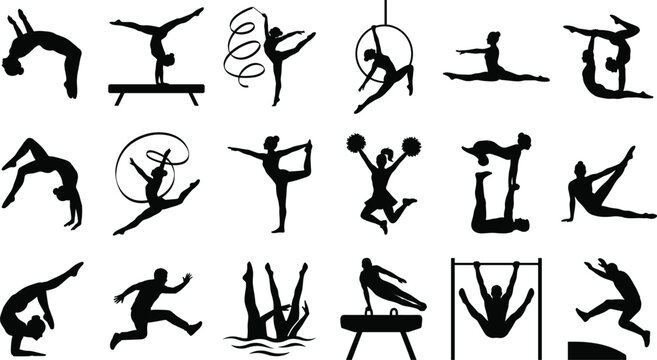 Gymnastics and Fitness Silhouette Collection Featuring Acrobat Cheerleader Yoga Dance and Athletic Exercise Poses Vector Set