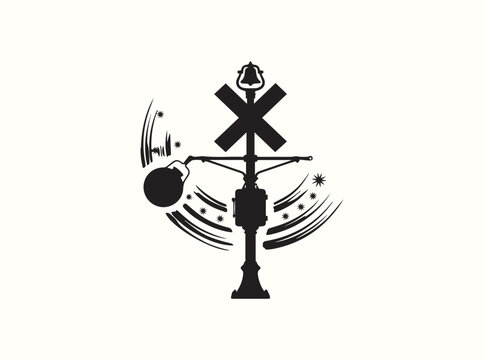 Isolated black stamp of a vintage train track crossing post with swinging arm detail