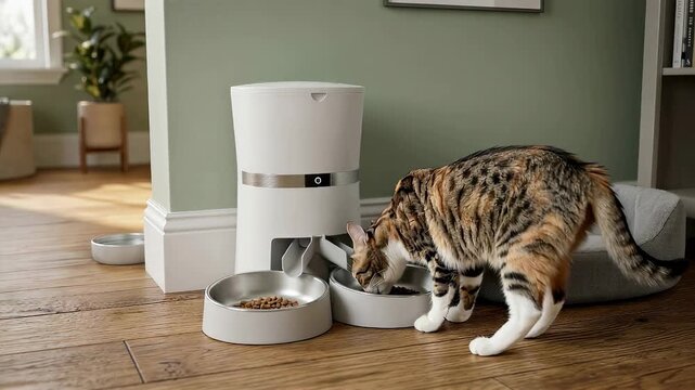 Calico cat eats from an automatic pet feeder. Domestic animal feeding from a modern smart technology kitchen device. Pet wellness, care and interior design setup.