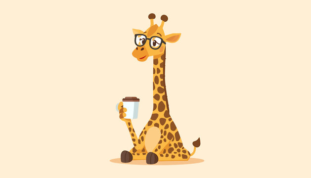 A tall giraffe sits awkwardly holding a coffee mug and wearing tiny glasses in a playful car scene.
