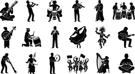 World Music and Cultural Dance Silhouette Collection Featuring Musicians Traditional Instruments and Folk Performance Art © Liton