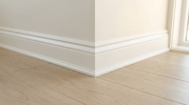 White Wooden Baseboard Molding Installed on Corner Wall | Classical Interior Skirting Board Profile with Light Oak Hardwood Floor | Professional Carpentry Trim and Base Molding Close Up | Modern House