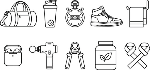 Fitness and wellness line icon set featuring gym equipment, healthy lifestyle accessories, sports gear, and workout essentials vectors